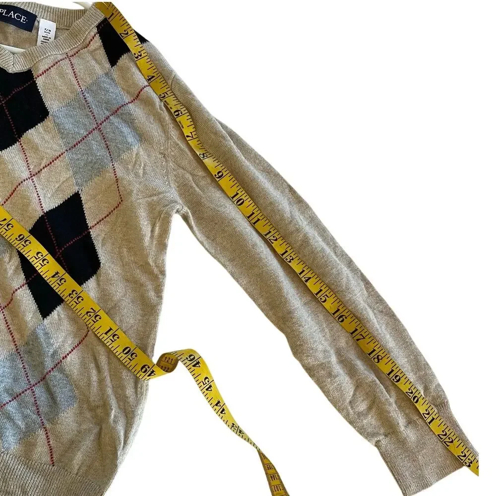 The Children's Place Boys‎ Tan Argyle V-Neck Sweater Size 7/8 Medium